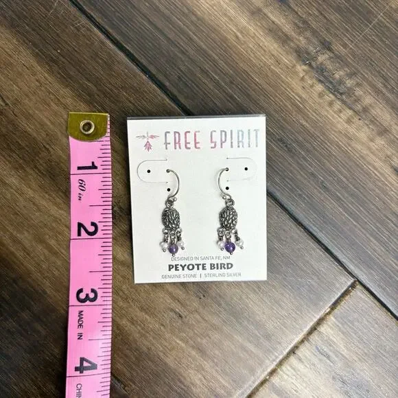 NWT Free Spirit Peyote Bird Sterling Silver Earrings w/ Purple & White Beads - Picture 2 of 3